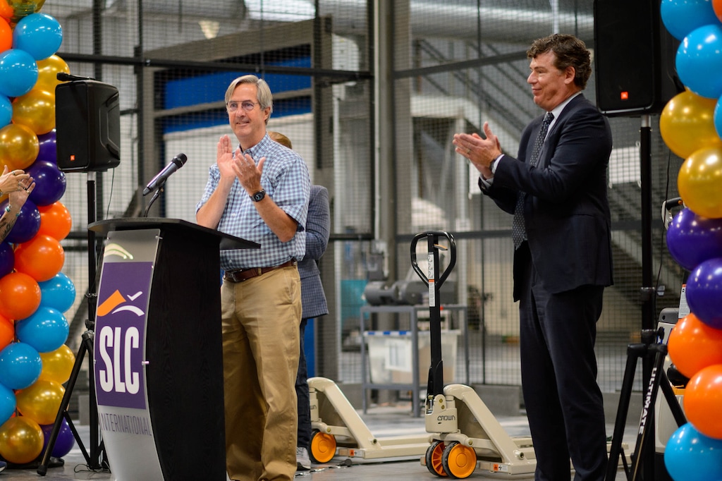 (Trent Nelson | The Salt Lake Tribune) Bill Wyatt, Airport Executive Director, and Ben Richter, CEO & Founder of Bradford Airport Logistics, at the grand opening of the Salt Lake City Airport’s new Central Receiving and Distribution Center (CRDC) on Tuesday, Aug. 11, 2020.
