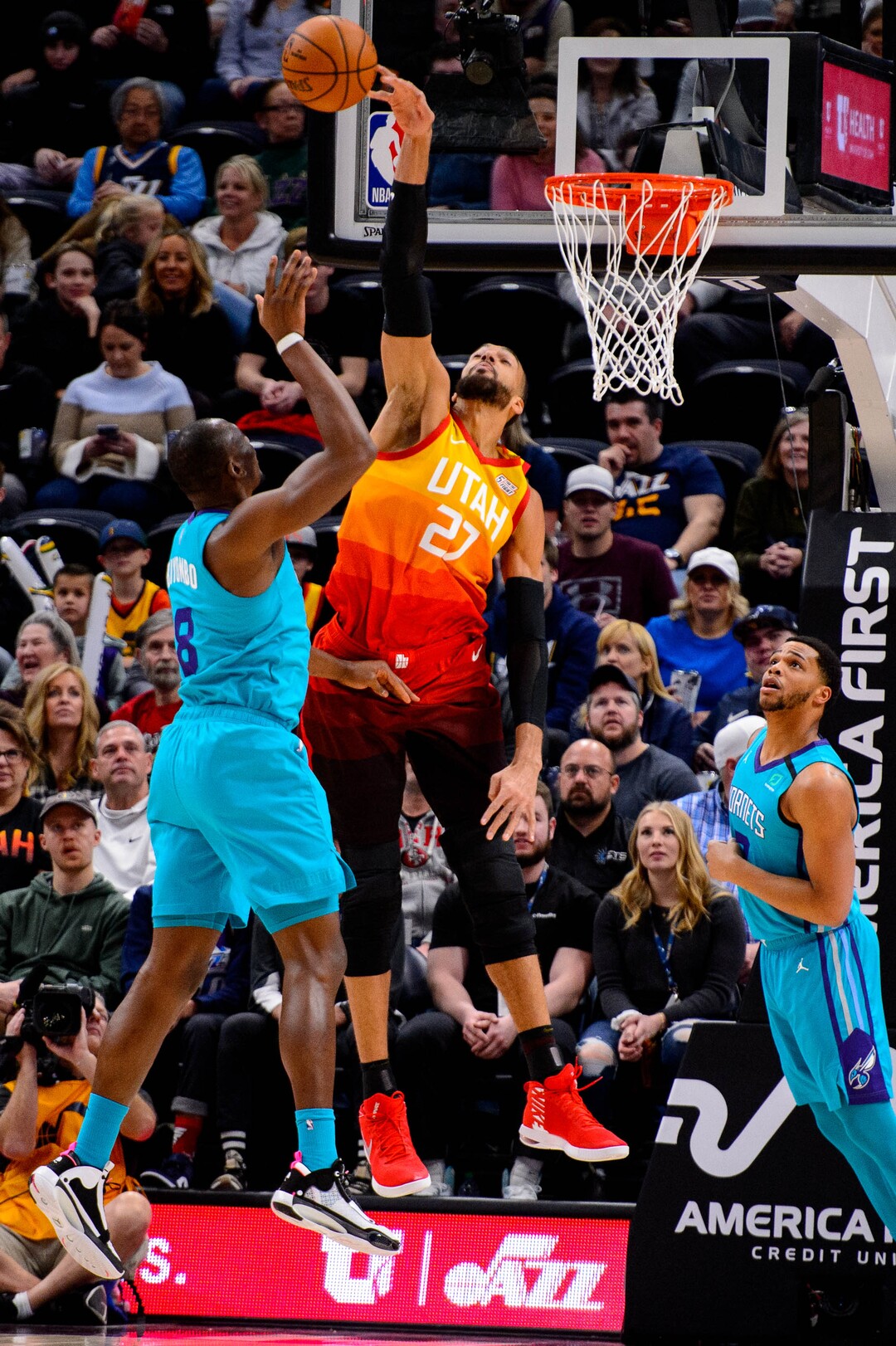 (Trent Nelson  |  The Salt Lake Tribune) Utah Jazz center Rudy Gobert (27) blocks a shot by Charlotte Hornets center Bismack Biyombo (8) as the Utah Jazz host the Charlotte Hornets, NBA basketball in Salt Lake City on Friday, Jan. 10, 2020.