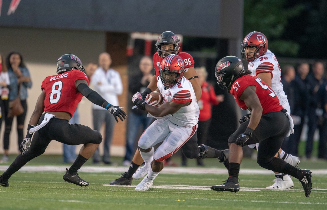 Utah Utes running back Zack Moss (2) carries the ball against the NIU Huskies during a college football game at Huskie Stadium in DeKalb, IL on Saturday, Sept. 08, 2018 (Sean King | for The Salt Lake Tribune)