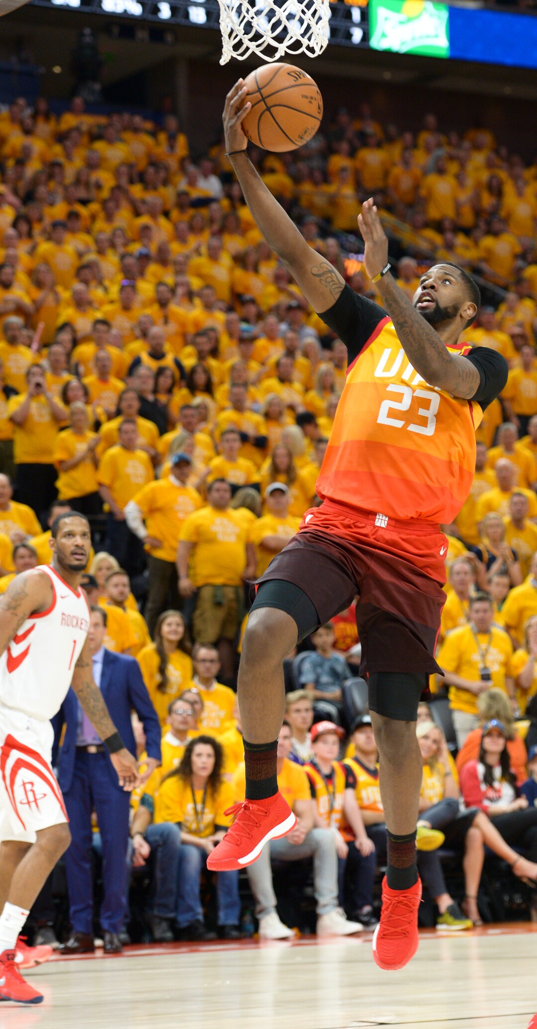 (Leah Hogsten  |  The Salt Lake Tribune) Utah Jazz forward Royce O'Neale (23) hits the net as the Utah Jazz take on the Houston Rockets in Game 3 of an NBA basketball second-round playoff series Friday, May 4, 2018 in Salt Lake City.