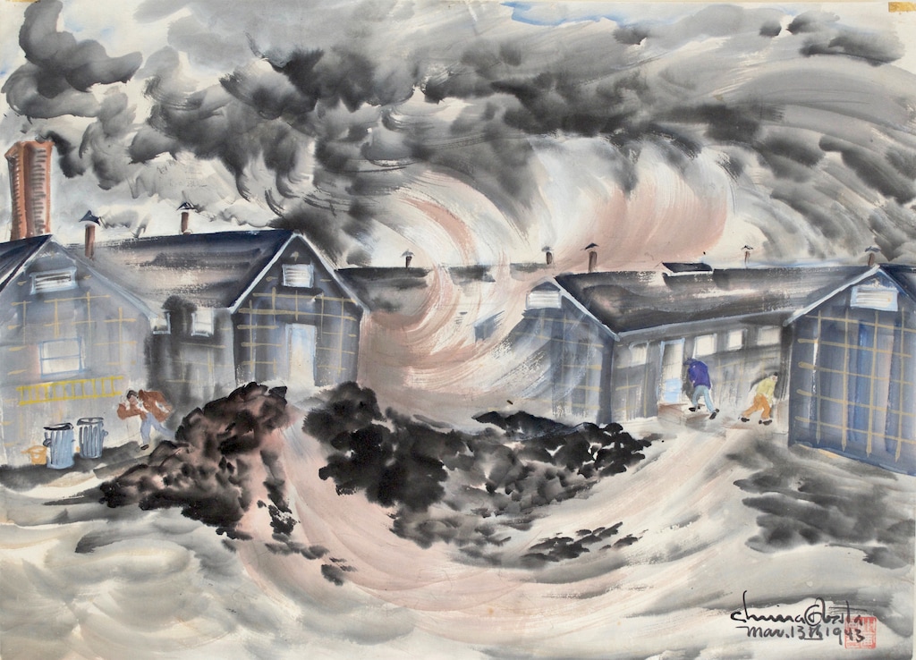 (Chiura Obata  |  courtesy Utah Museum of Fine Arts) "Dust Storm, Topaz," a watercolor-on-paper created March 13, 1943, by Japanese-American artist Chiura Obata during his time at the Topaz internment camp in Utah. Obata's work will be shown in a major touring retrospective, May 25-Sept. 8 at the Utah Museum of Fine Arts.