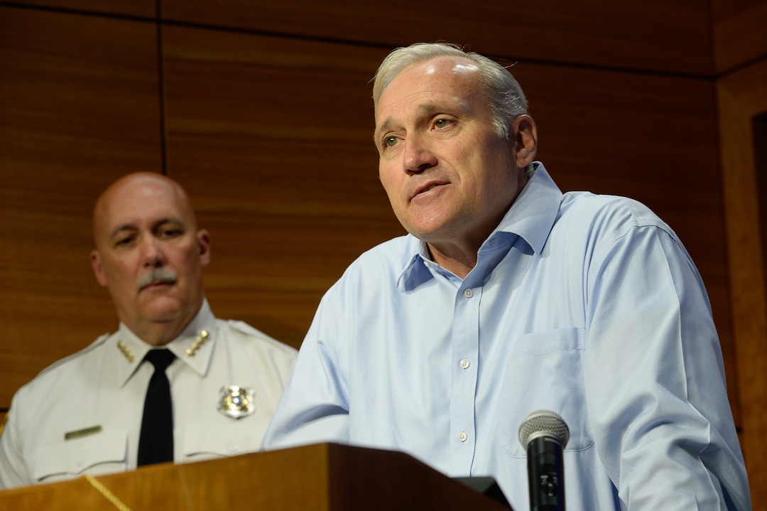 (Francisco Kjolseth  |  The Salt Lake Tribune)  MaKenzie Lueck's uncle, no name provided, reads a brief statement following the confirmation by Salt Lake City Police Chief Mike Brown, left, that Lueck is dead and one person has been arrested and charged with aggravated murder during a media briefing on June 28, 2019.