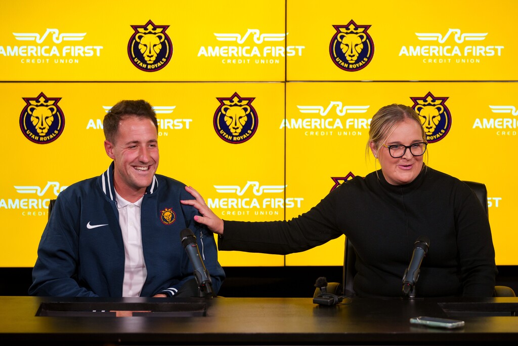 (Trent Nelson  |  The Salt Lake Tribune) Utah Royals FC announce their new head coach Jimmy Coenraets at a news conference in Sandy on Thursday, Oct. 24, 2024. At right is Kelly Cousins.