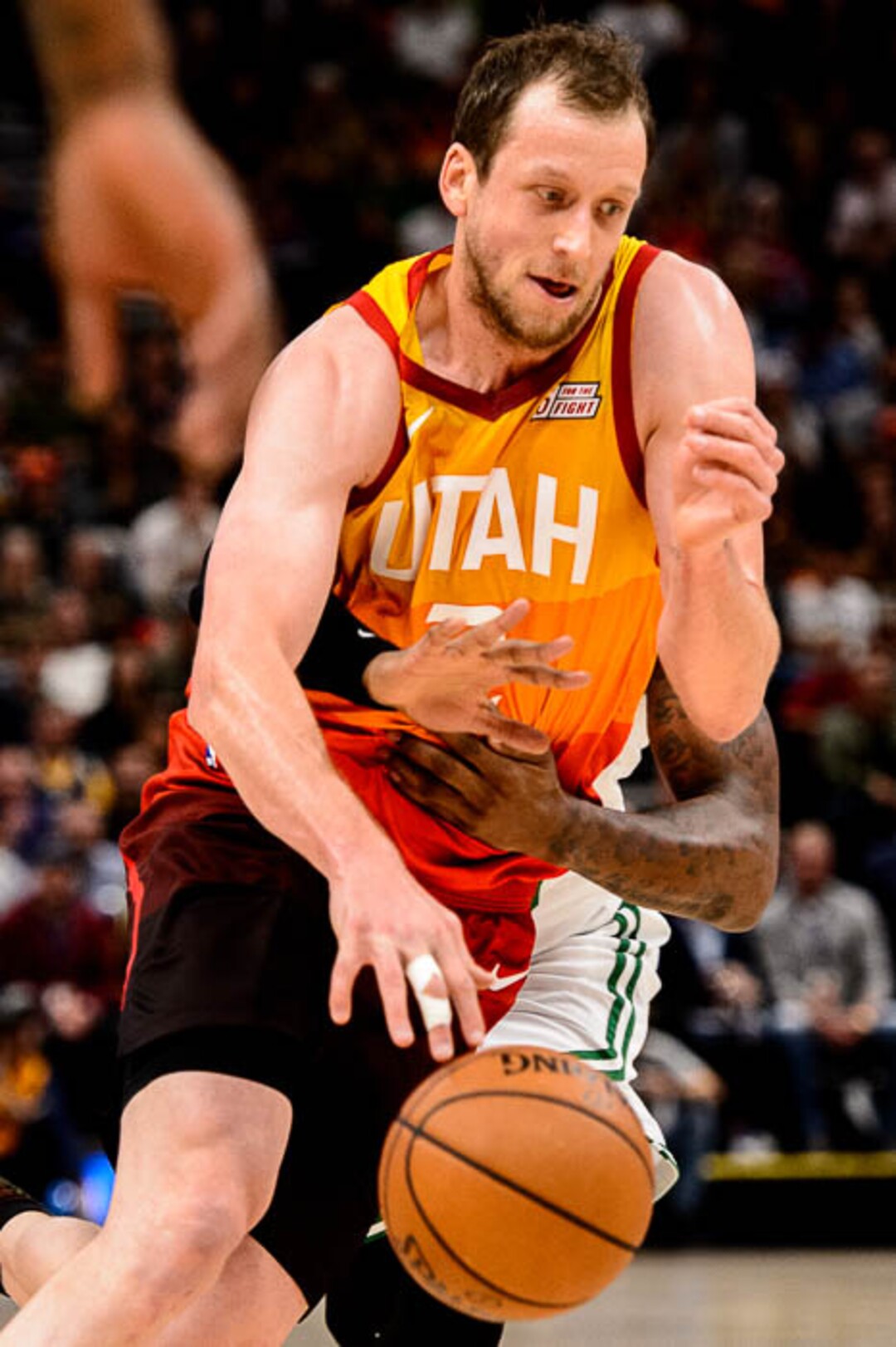(Trent Nelson | The Salt Lake Tribune)  Utah Jazz forward Joe Ingles (2) wrapped up by Boston Celtics guard Marcus Smart (36). Utah Jazz vs. Boston Celtics, NBA basketball in Salt Lake City on Friday Nov. 9, 2018.