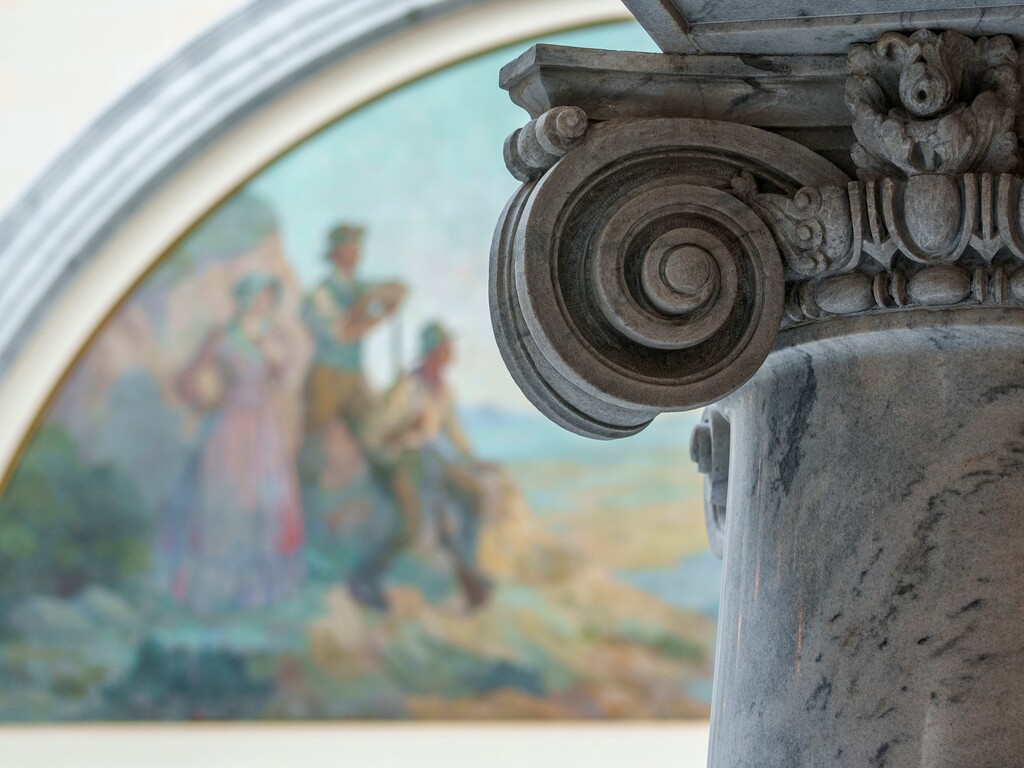 (Leah Hogsten | The Salt Lake Tribune)  The Passing of the Wagons, oil on canvas on plater painted by Girard Hale, of Utah, and Gilbert White, of New York, Thursday, February 23, 2023. The west mural, The Passing of the Wagons, depicts the arrival of the pioneers in the Great Salt Lake Valley. It depicts the valley as first seen by pioneers in July 1847. The mural was painted in 1917. 