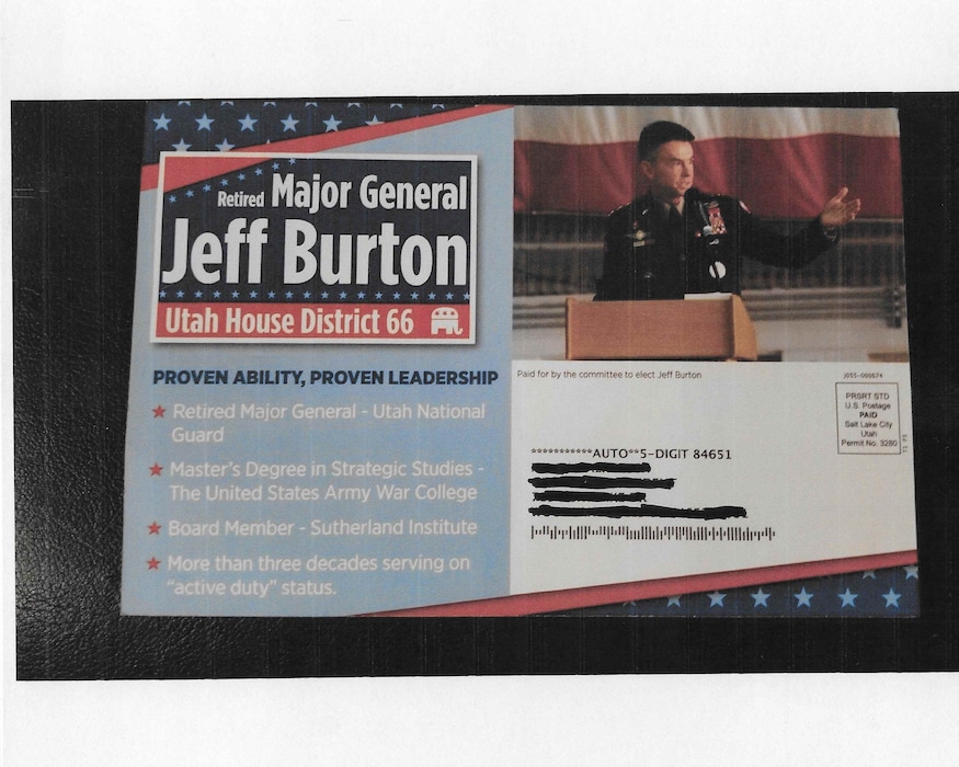(Courtesy photo) Photo of campaign mailer sent by Jefferson Burton that violates Department of Defense rules about campaign materials using photos of a candidate in full uniform and a required disclaimer.