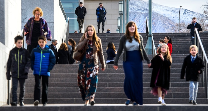 (Steve Griffin  |  The Salt Lake Tribune) Mourners leave the Conference Center after paying their last respects to LDS Church President Thomas S. Monson during a public viewing in Salt Lake City Thursday January 11, 2018.