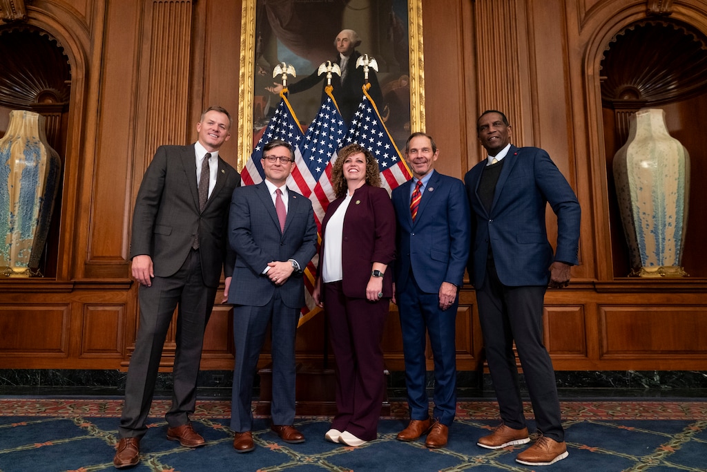 (Stephanie Scarbrough | AP) From left, Rep. Blake Moore, R-Utah, Speaker of House Mike Johnson, R-La., Rep. Celeste Maloy, R-Utah, Rep. John Curtis, R-Utah., and Rep. Burges Owens, R-Utah, stand for a portrait during ceremonial swearing in ceremony for Maloy to the House of Representatives, Tuesday, Nov. 28, 2023, on Capitol Hill in Washington.