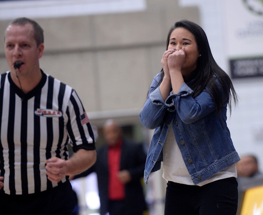 (Al Hartmann  |  The Salt Lake Tribune) 	Timpview head coach Aimee Doras holds her breath during a referee's call against West High School in the Class 5 girls' basketball playoff game Monday Feb. 19 2018