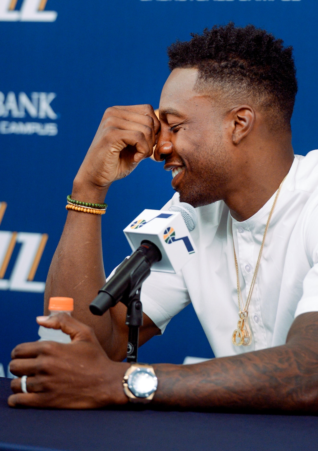 (Leah Hogsten  |  The Salt Lake Tribune) The Utah JazzÕs new forward Jeff Green, who was signed to the Utah Jazz on July 20, reacts to a question from members of the media Friday, July 26, 2019 at the Jazz basketball facility.
