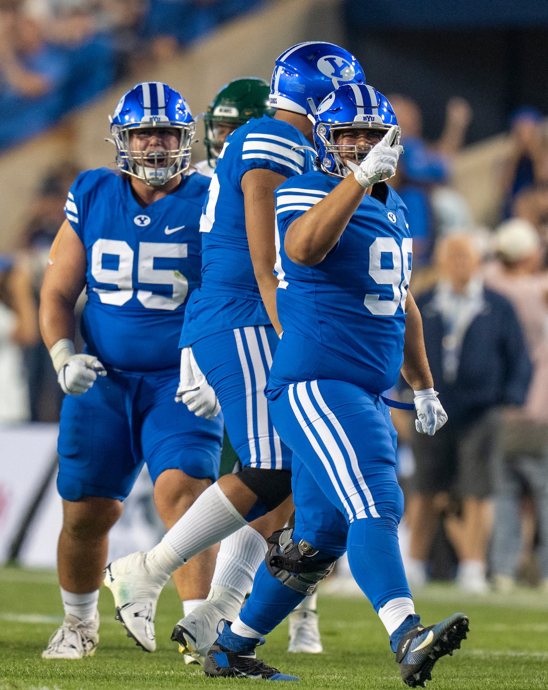 (Rick Egan | The Salt Lake Tribune)  Brigham Young Cougars defensive lineman Caden Haws (95) and defensive lineman Gabe Summers (98) celebrates after a quarterback sack, in football action between the Brigham Young Cougars and the Baylor Bears at Lavell Edwards Stadium in Provo, on Saturday, Sept. 10, 2022.
