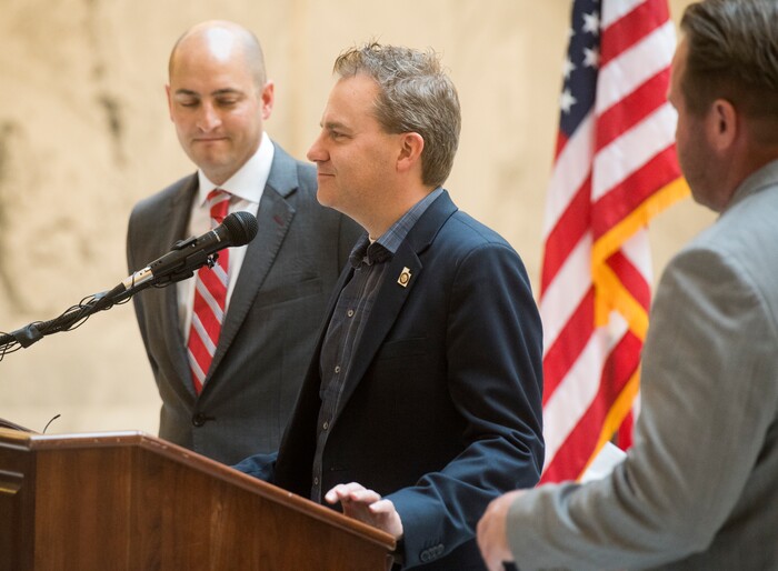 (Rick Egan  |  The Salt Lake Tribune)  Sen. Dan Hemmert listen as Sen. Lincoln Fillmore talks about Mitt Romney running for Senator, at a media conference, at the Utah State Capitol, Monday, November 13, 2017.




