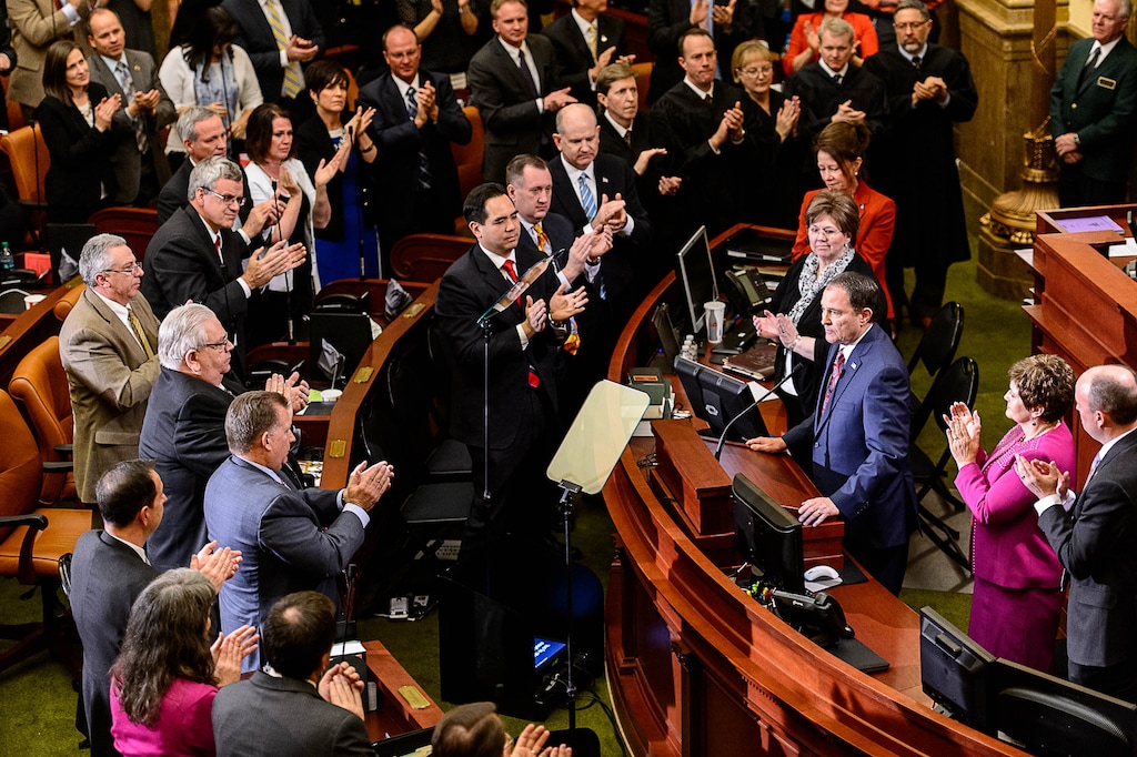 (Trent Nelson  |  The Salt Lake Tribune)
Utah Governor Gary Herbert gets a standing ovation during the annual State of the State Address in the House Chamber of the State Capitol Building in Salt Lake City, Wednesday January 27, 2016.