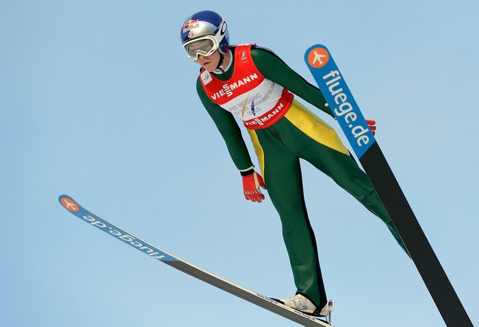 United States' Sarah Hendrickson soares through the air during the Women's Ski Jumping competition at the Nordic Skiing World Championships in Falun, Sweden, Friday, Feb. 20, 2015. (AP Photo/Matthias Schrader)  