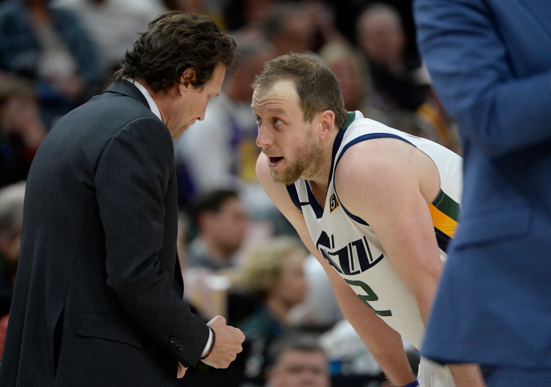 (Francisco Kjolseth  |  The Salt Lake Tribune) Utah Jazz coach Quin Snyder speaks with Utah Jazz forward Joe Ingles (2) as the Utah Jazz host the Orlando Magic in their NBA basketball game at Vivint Smart Home Arena in Salt Lake City on Tuesday. Dec. 17, 2019.