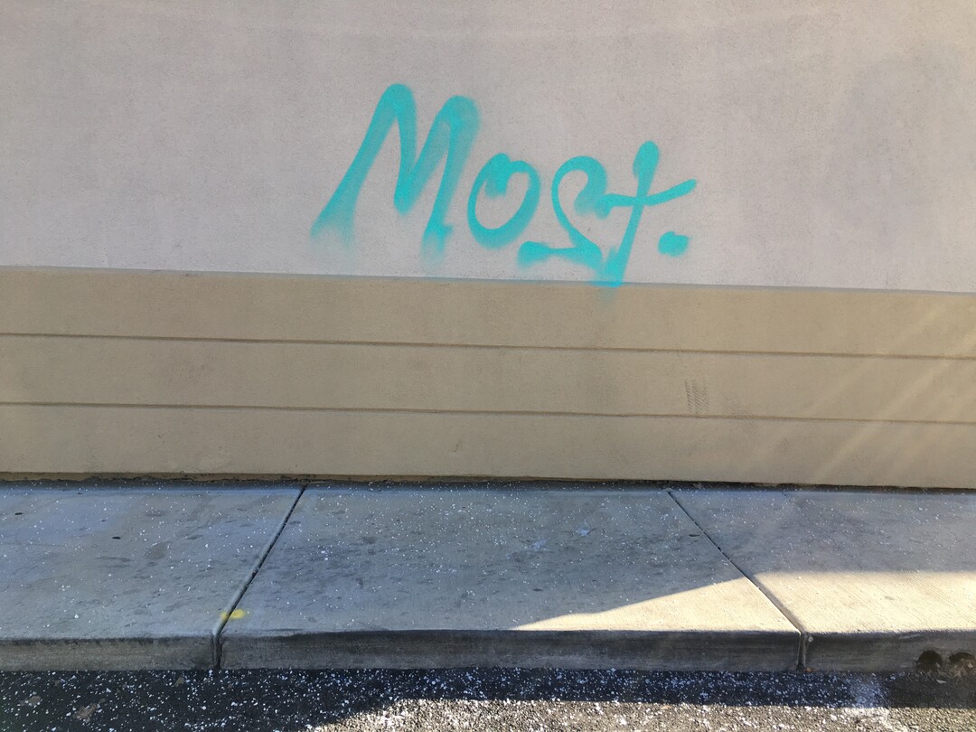 A graffiti tribute to Joey Kirk, who was known by his tag MOST, appears in a parking lot near 400 South and Denver St. in Salt Lake City. Kirk was killed by a TRAX train in November 2017.