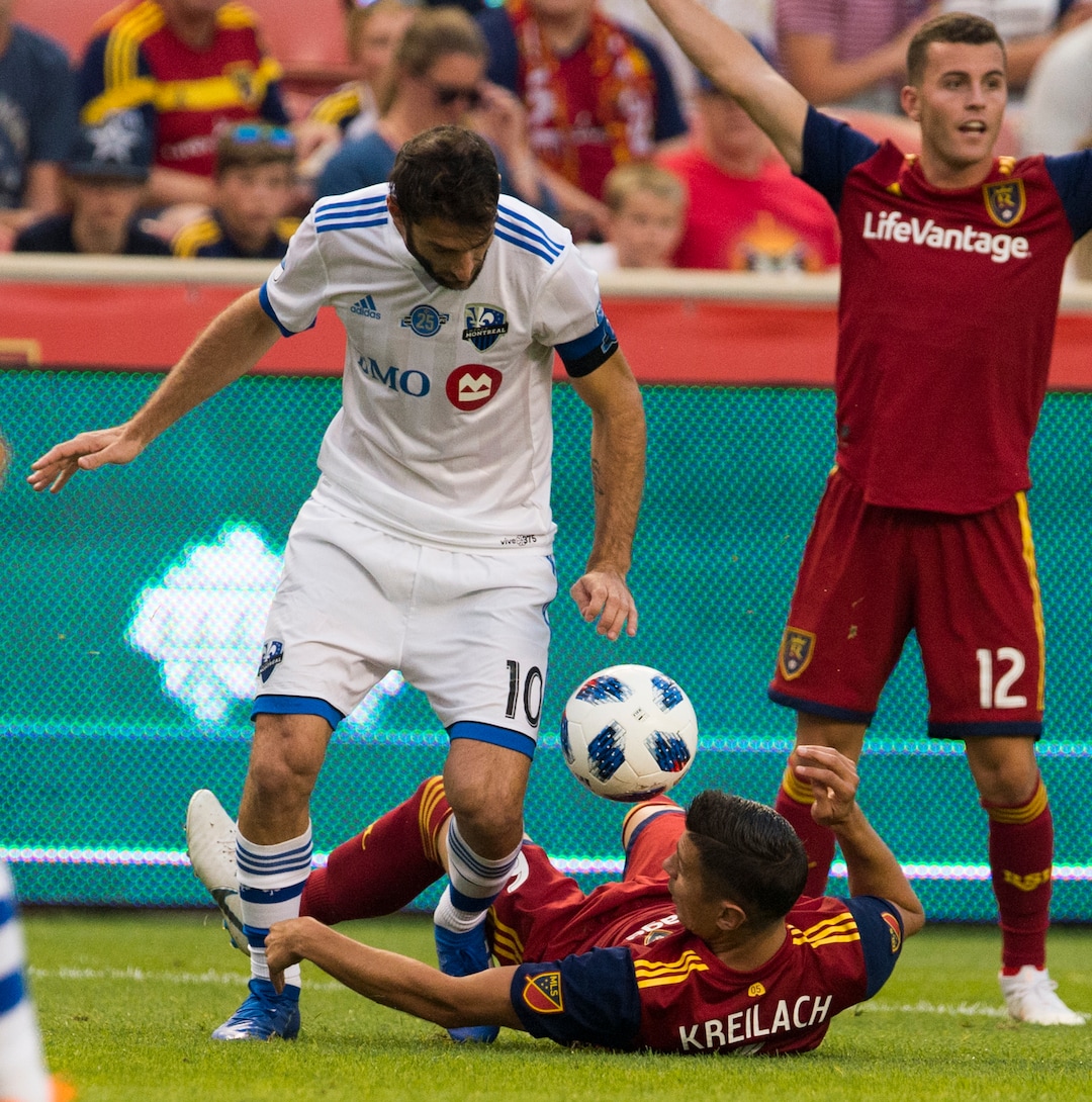 (Rick Egan  |  The Salt Lake Tribune)     Montreal Impact midfielder Ignacio Piatti (10) collides with Real Salt Lake midfielder Damir Kreilach (6), in MLS action between Real Salt Lake and Montreal Impact, at Rio Tinto Stadium in Sandy, Saturday, Aug. 11, 2018.