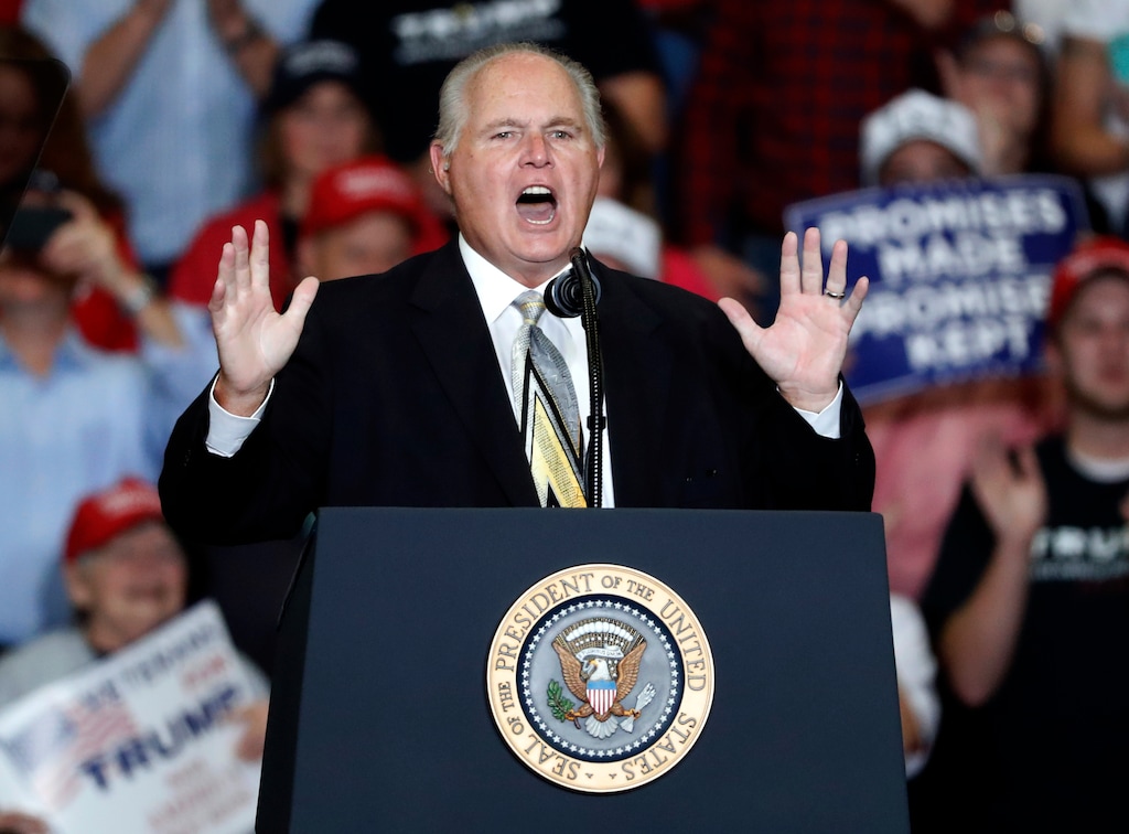 (Jeff Roberson | AP file photo) Radio personality Rush Limbaugh introduces President Donald Trump at the start of a campaign rally, Nov. 5, 2018, in Cape Girardeau, Mo. Limbaugh told his audience this week that Mitt Romney is telling House Speaker Nancy Pelosi there are dozens of Republican senators ready to impeach the president. Romney's office retorted that the unsubstantiated claim is "fake news."