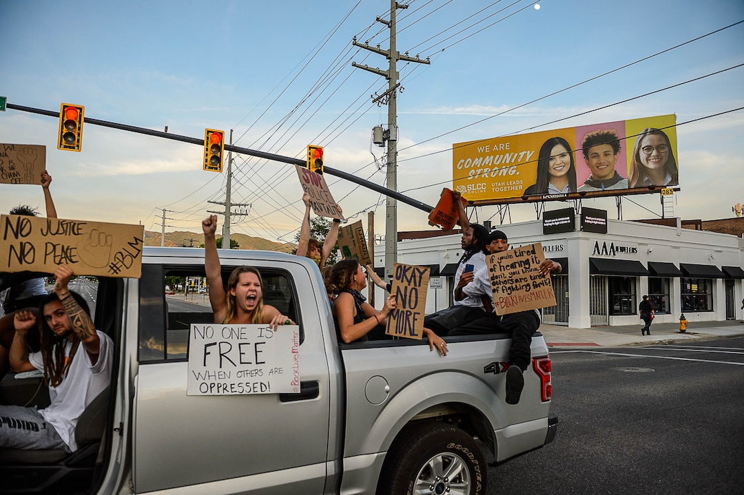(Trent Nelson  |  The Salt Lake Tribune) Protesters march against police brutality in Salt Lake City on Tuesday, June 2, 2020.