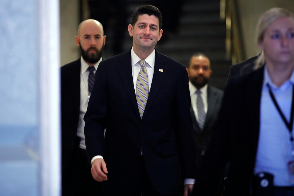 House Speaker Paul Ryan of Wis., arrives for a meeting with House Republicans and President Donald Trump, Thursday, Nov. 16, 2017, on Capitol Hill in Washington. Trump urged House Republicans Thursday to approve a near $1.5 trillion tax overhaul as the party prepared to drive the measure through the House.  (AP Photo/Jacquelyn Martin)