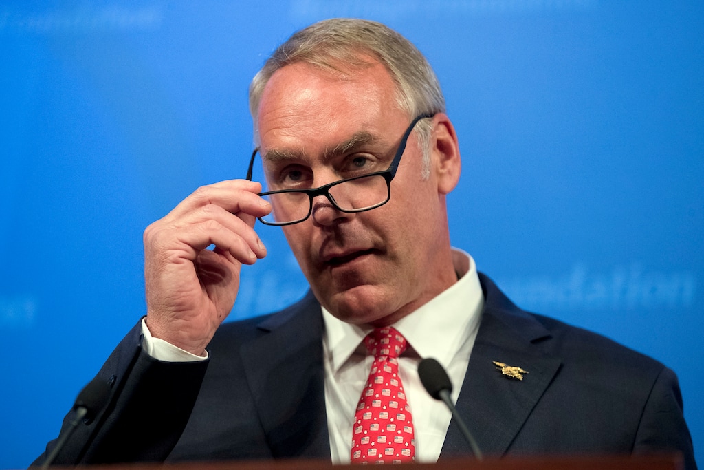Interior Secretary Ryan Zinke speaks on the Trump Administration's energy policy at the Heritage Foundation in Washington, Friday, Sept. 29, 2017. (AP Photo/Andrew Harnik)