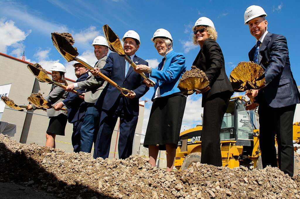 (Trent Nelson  |  The Salt Lake Tribune) The groundbreaking ceremony for Pamela's Place Apartments in Salt Lake City on Wednesday April 17, 2019. The development, named after Pamela Atkinson, a Utah-based humanitarian and advocate for people experiencing homelessness, will serve as a 100-unit permanent supportive housing complex by combining affordable housing assistance with voluntary support services to address the needs of chronically homeless people. From left are Evelyn Lim, Daniel Nackerman, Spencer Cox, Gary Herbert, Pamela Atkinson, Jackie Biskupski, and Grant Whitaker.