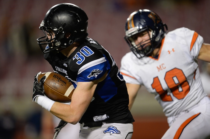 (Francisco Kjolseth  |  The Salt Lake Tribune)  Conner McKay of Stansbury puts down some yards over Mountain Crest in their class 4A semifinal game at Rice-Eccles Stadium, Thursday, Nov. 9, 2017.