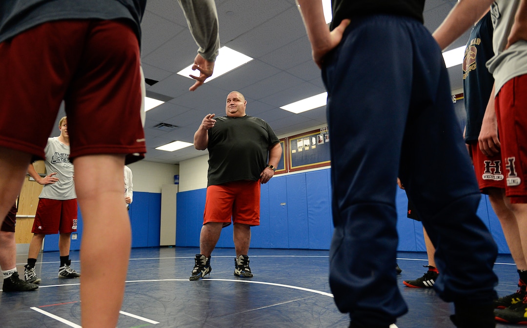 (Francisco Kjolseth  |  The Salt Lake Tribune)  Olympic wrestling champion Rulon Gardner runs an introductory clinic with young wrestlers at Herriman High School after being introduced as the new coach on Wed. May 17, 2018. Gardner a retired Greco-Roman wrestler won the gold medal in 2000 and the bronze in 2004. 