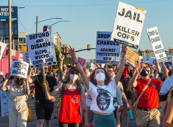 (Rick Egan  |  The Salt Lake Tribune)   Protesters sing along with ÒWe are the WorldÓ as they dance  in the streets of Salt Lake City, during the Dance Dance Revolution protest for racial equality, on Sunday, Aug. 9, 2020.