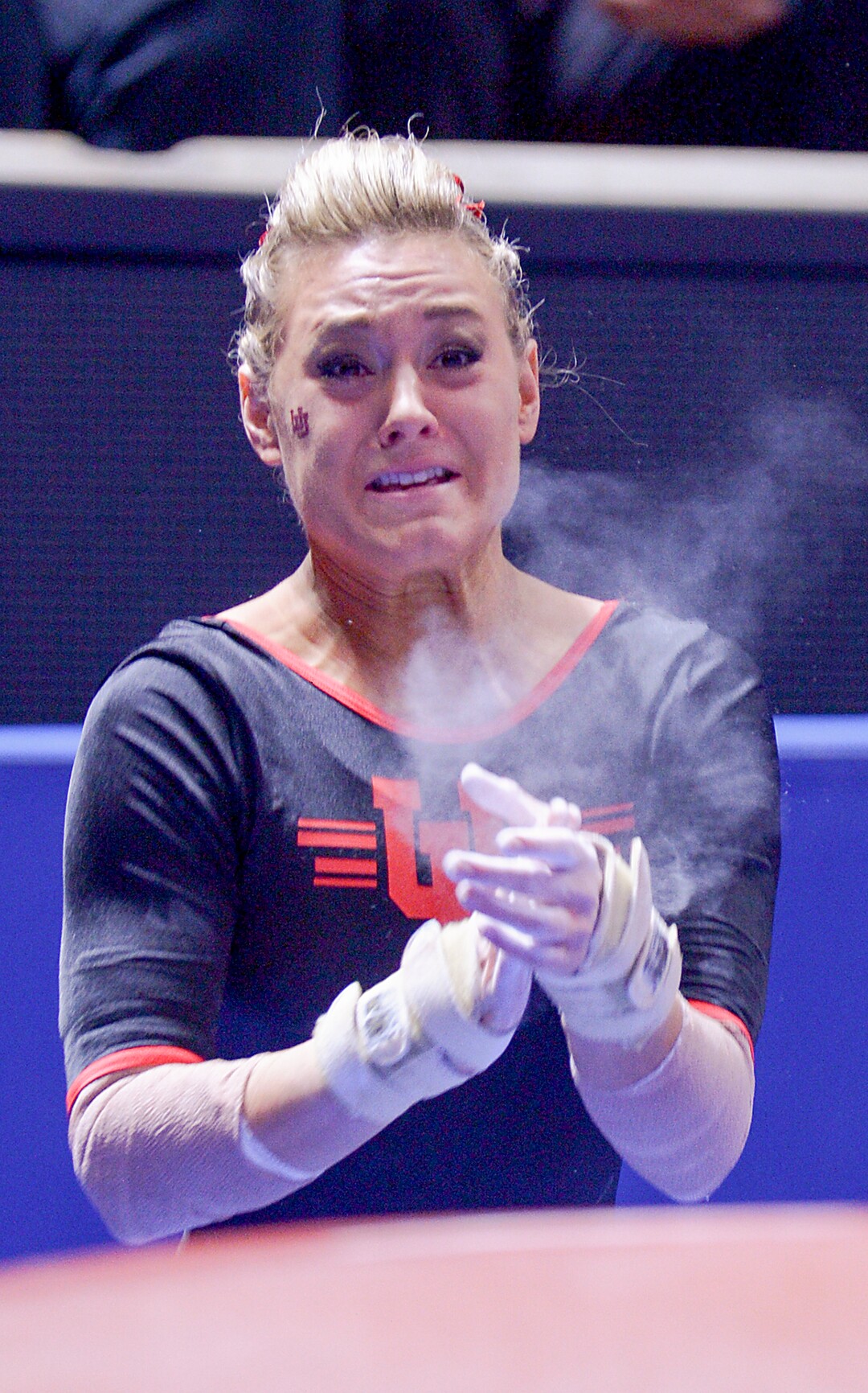 (Leah Hogsten  |  The Salt Lake Tribune) Tiffani Lewis on the vault as Utah hosts Arizona State in Women's Gymnastics at Jon M. Huntsman Center, Friday, February 9, 2018. 