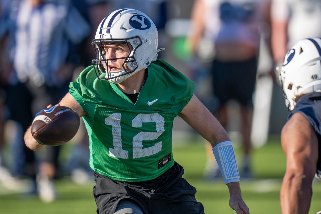 (Rick Egan | The Salt Lake Tribune) BYU QB Jake Retzlaff (12) during the Cougars spring practice, on Thursday, Feb 27, 2025.