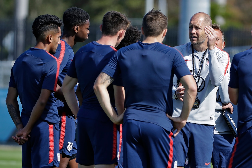 (AP Photo/Chris O'Meara, File) | In this Wednesday, Jan. 8, 2020, file photo, Gregg Berhalter, right, head coach of the U.S. Men's National Soccer team, instructs some of his players during drills in Bradenton, Fla. Berhalter, and the USMNT will play host to Costa Rica at Rio Tinto Stadium on June 9.