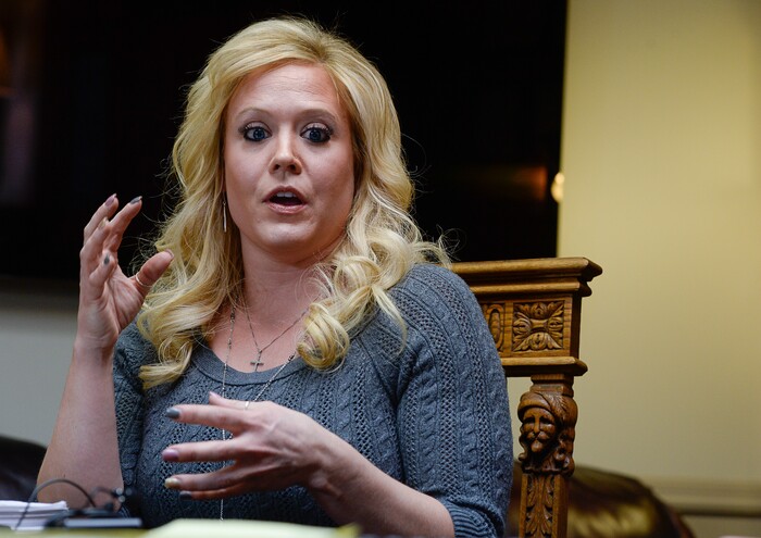 (Francisco Kjolseth | The Salt Lake Tribune) Heather Leyva, a single mother of three, describes the unwanted sexually charged messages she received from Utah trooper Sgt. Blaine Robbins. Leyva was joined by attorney Robert Sykes, as they discussed the sexual harassment lawsuit he is filing on her behalf against the trooper during a press conference at his law offices in Salt Lake City Wed. Feb. 7, 2018.