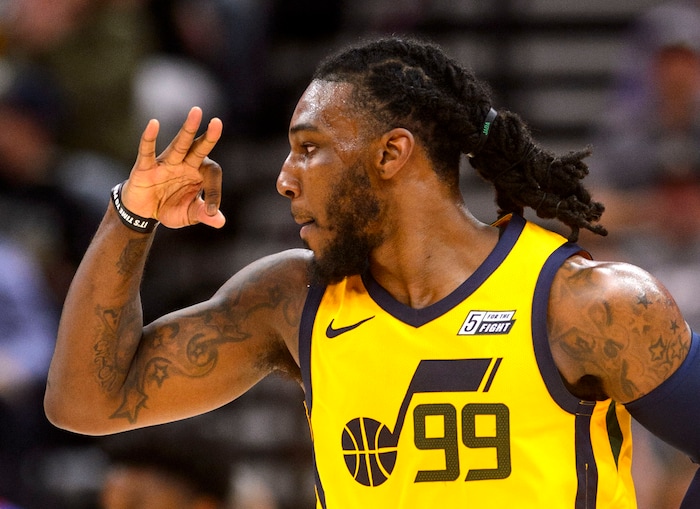 (Steve Griffin  |  The Salt Lake Tribune)  Utah Jazz forward Jae Crowder (99) holds up three fingers after nailing a three-pointer during the Utah Jazz versus Detroit Pistons at Vivint Smart Home Arena in Salt Lake City Tuesday March 13, 2018.