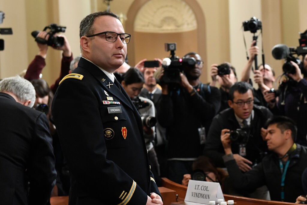 (Susan Walsh | AP) National Security Council aide Lt. Col. Alexander Vindman, arrives to testify before the House Intelligence Committee on Capitol Hill in Washington, Tuesday, Nov. 19, 2019, during a public impeachment hearing of President Donald Trump's efforts to tie U.S. aid for Ukraine to investigations of his political opponents.