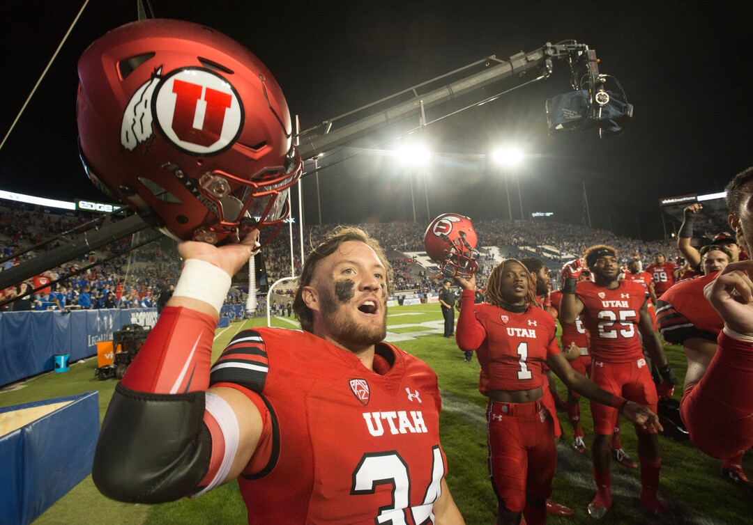 (Rick Egan  |  The Salt Lake Tribune)  Utah Utes linebacker Alex Whittingham (34) celebrates the Utes 19-13 win over BYU, at Lavell Edwards Stadium in Provo, Saturday, September 9, 2017.