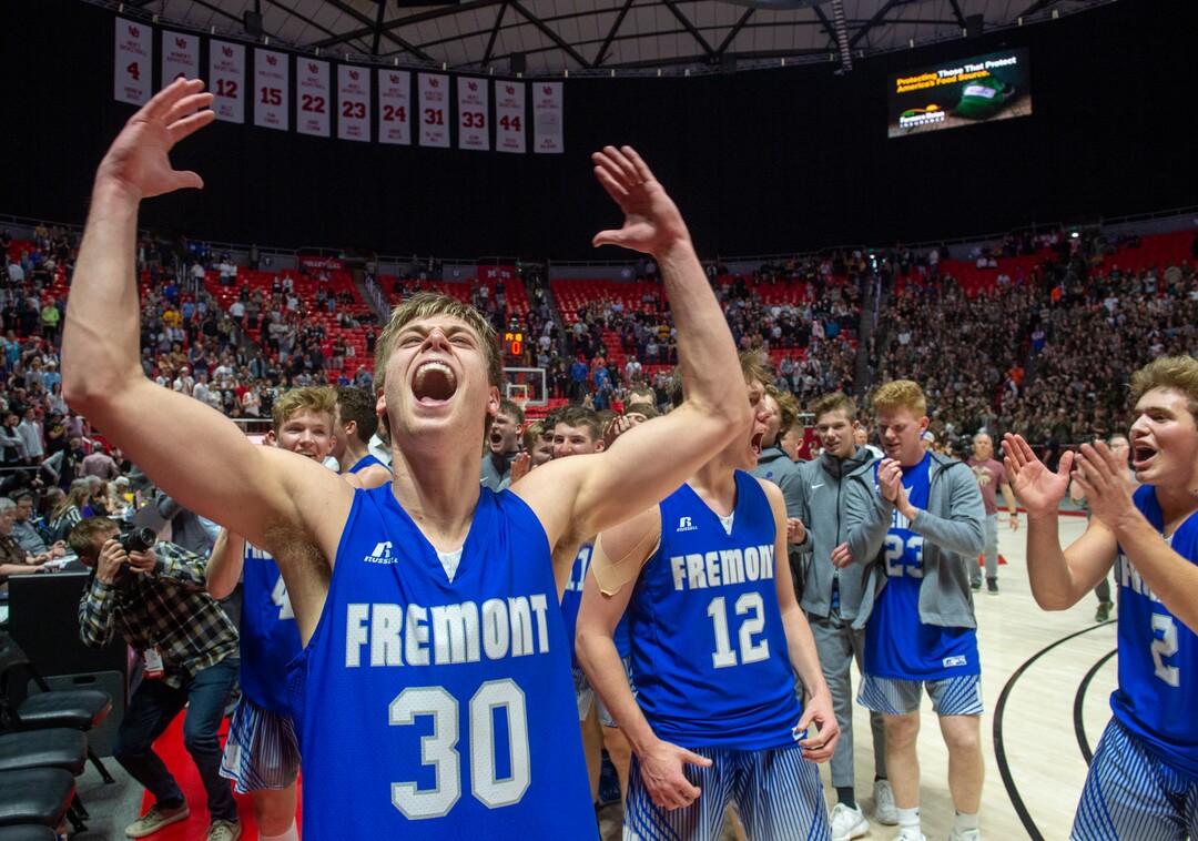 (Rick Egan  |  The Salt Lake Tribune)    Fremont Silverwolves Dallin Hall (30), and Mitch Stratford (12) celebrate their   55-52 win over the Davis Darts, in the 6A basketball championship game at the Jon M. Huntsman Center, Saturday Feb. 29, 2020
