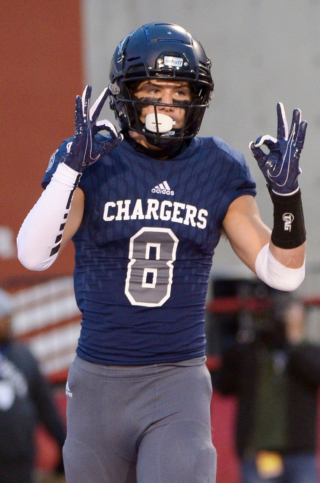 (Leah Hogsten  |  The Salt Lake Tribune) Corner CanyonÕs  Noah Kjar celebrates his touchdown.  Corner Canyon High School defeated American Fork High School 49-14 during the 6A State Championship football title, Nov. 22, 2019 at Rice-Eccles Stadium.
