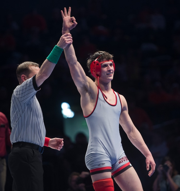 (Rick Egan  |  The Salt Lake Tribune)  Kaygen Canfield (Bear River) celebrates his victory over Brayden Guthrie (Mountain Crest) in the 152 weight class, in the 4A State Wrestling Championship at UVU in Orem, Saturday, February 10, 2018.