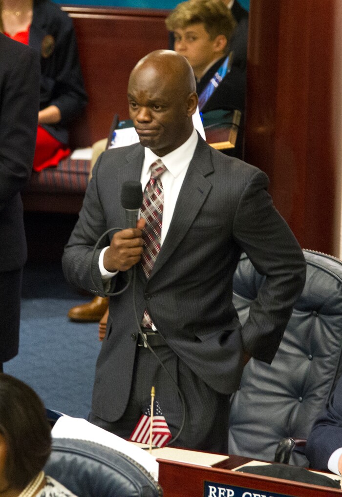 Rep. Kionne McGhee reacts to the Florida House of Representatives refusing to hear a bill to ban assault rifles and large capacity magazines he was trying to bring to the floor at the Florida Capital in Tallahassee, Fla., Feb 20, 2018. Survivors of the Marjory Stoneman Douglas High School shooting that left 17 dead were in the house gallery as the was voted down. (AP Photo/Mark Wallheiser)