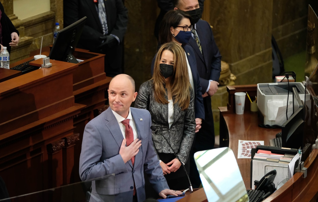 (Francisco Kjolseth  | The Salt Lake Tribune) Gov. Spencer Cox concludes his State of the State address at the Capitol in Salt Lake City on Thursday, Jan. 21, 2021.