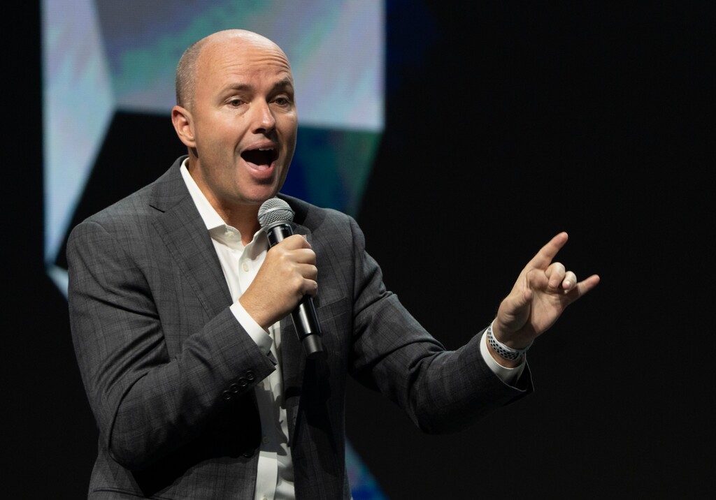 (Rick Egan | The Salt Lake Tribune) Utah Gov. Spencer Cox speaks at the Silicon Slopes Summit, on Friday, Sept. 30, 2022.