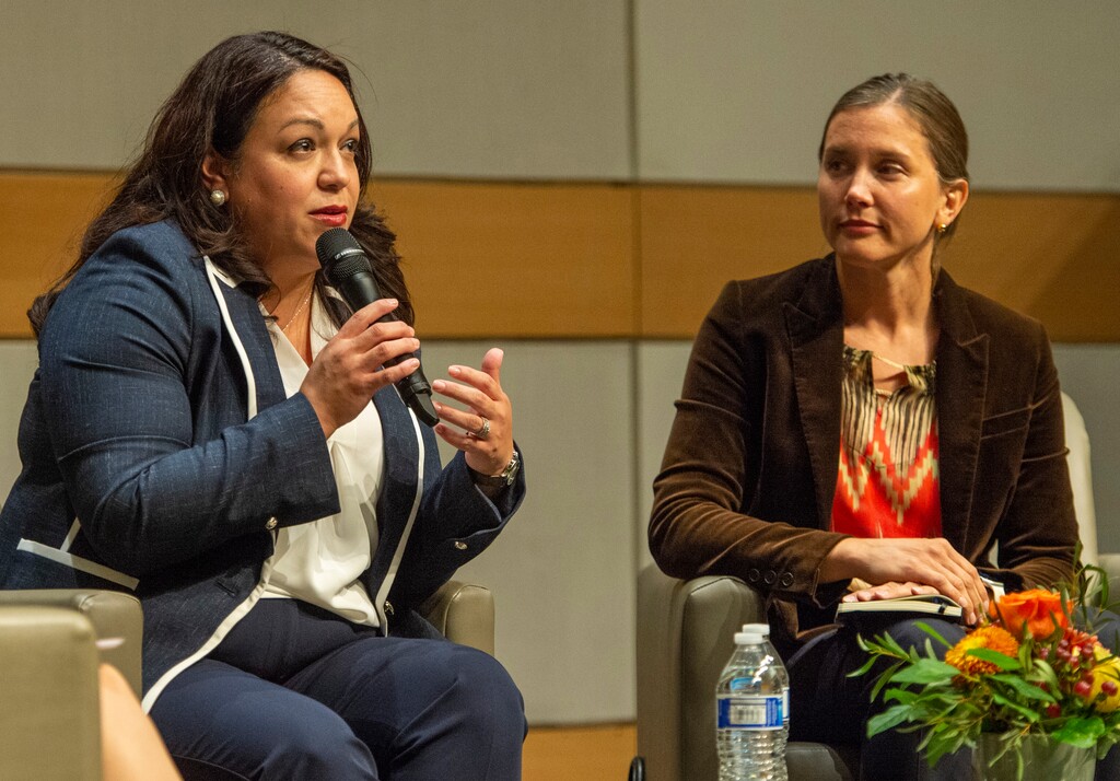 (Rick Egan  |  The Salt Lake Tribune)     Salt Lake City Mayoral Candidates, Sen. Luz Escamilla and Council Member Erin Mendenhall, discuss the arts and humanities during a debate at the City Library, hosted by Utah Cultural Alliance, Wednesday, Sept. 25, 2019.