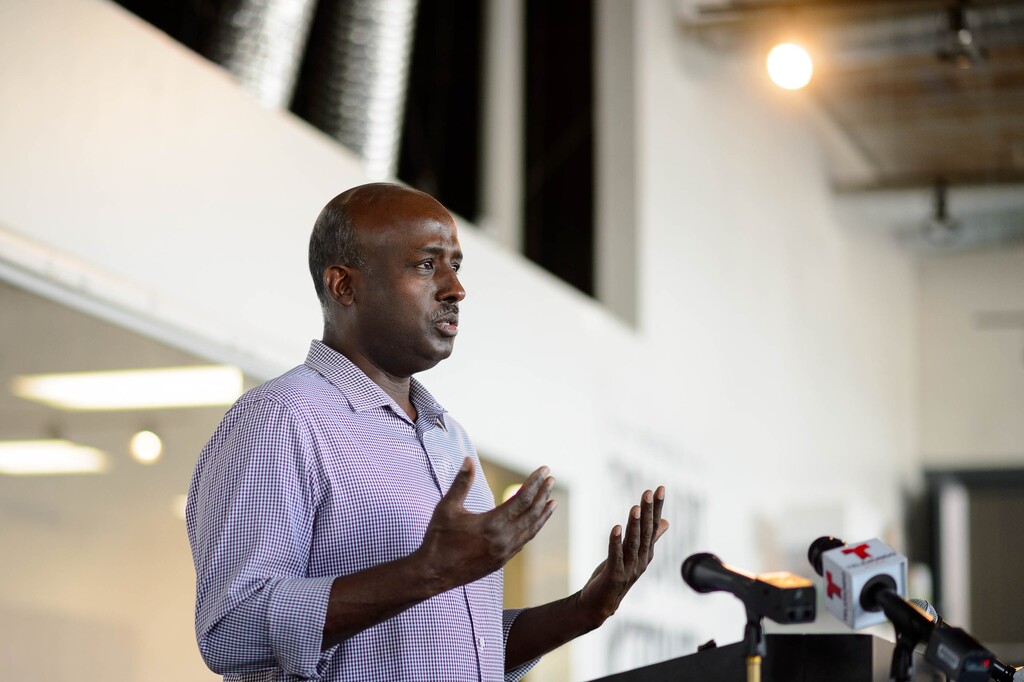 (Trent Nelson | The Salt Lake Tribune) Aden Batar of Catholic Community Services speaks at a news conference in Salt Lake City on Wednesday, Sept. 2, 2020. The news conference addressed the Salt Lake County's Nourish to Flourish project that brings service providers and local restaurants together to provide warm meals for children in need and supports restaurants by paying them for hundreds of meals a day.
