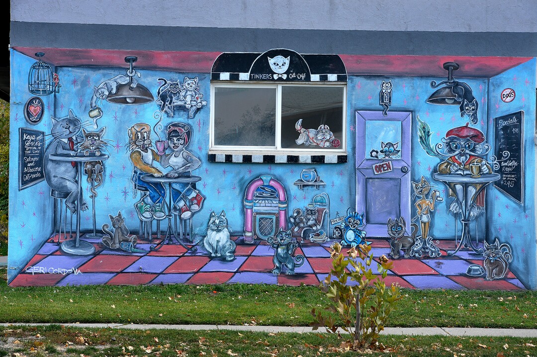 (Scott Sommerdorf   |  The Salt Lake Tribune)  The mural on the west side of Tinker’s Cat Cafe on 900 South in Salt Lake City on Thursday, Nov. 2, 2017.