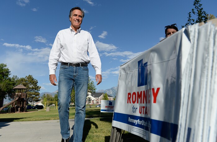 (Francisco Kjolseth | The Salt Lake Tribune) U.S. Senate candidate Mitt Romney arrives for "Mondays With Mitt" at Veterans Memorial Park in West Jordan on Monday, June 18, 2018, to speak with supporters.