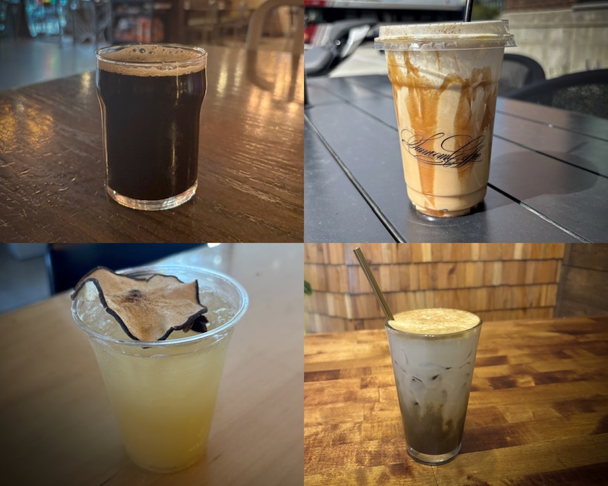 (Kolbie Peterson | The Salt Lake Tribune) Fall-themed drinks have arrived in Utah. From top left, clockwise: The Basic Witch stout at Hopkins Brewing Co., the Cinnamon Roll coffee at Sunroom Coffee, the apple pear cider at Culture Coffee and the pumpkin pie houjicha latte at The Tea Grotto.