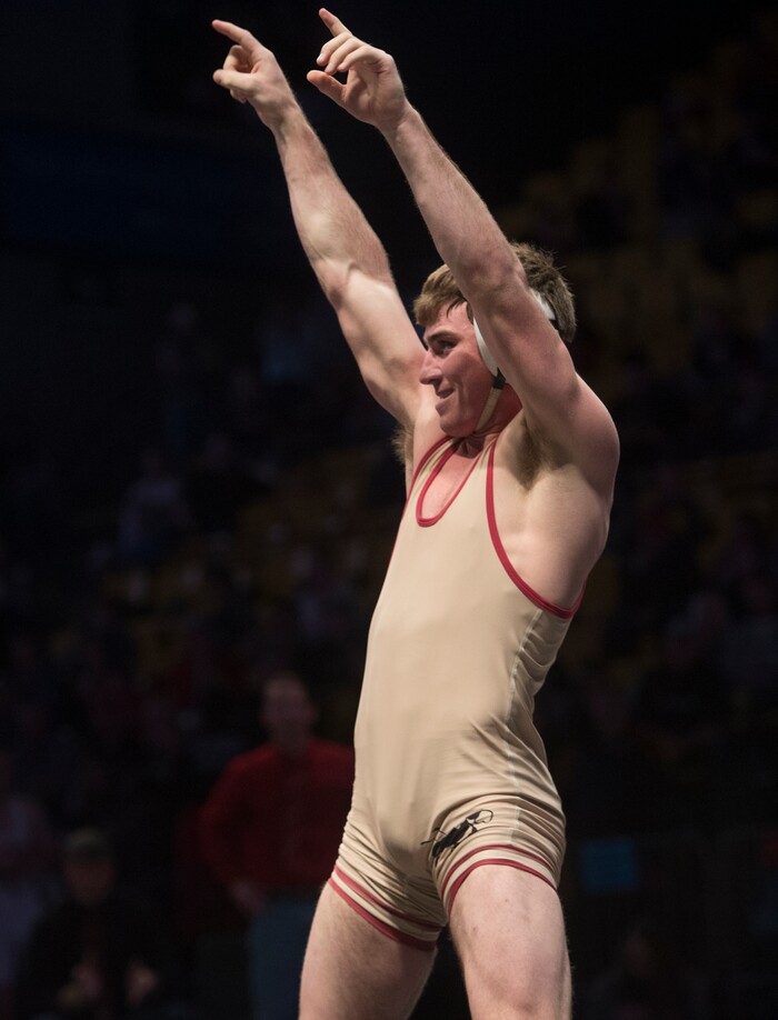 (Rick Egan  |  The Salt Lake Tribune)   Joey Aagard (Juab) celebrates after defeating Lance Fowles (Manti) (Dec 8-6) in the 160 weight class, in the 3A State Wrestling Championship at UVU in Orem, Saturday, February 10, 2018.