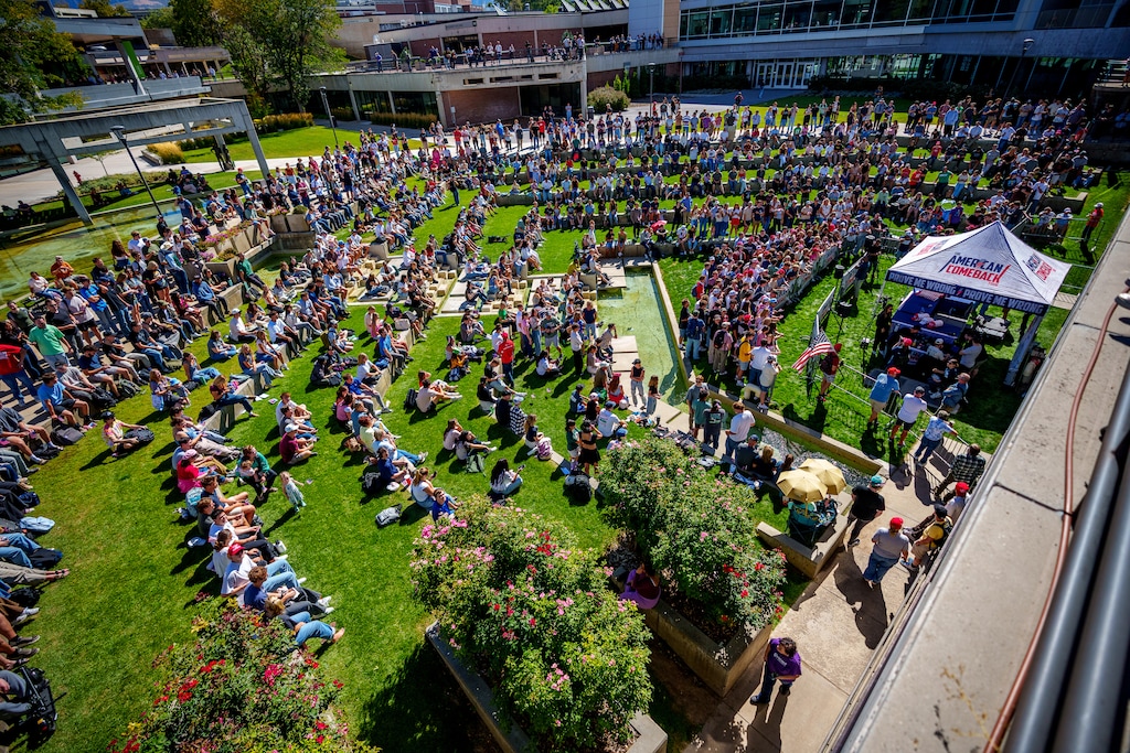(Trent Nelson | The Salt Lake Tribune) Conservative commentator Charlie Kirk holds an event at Utah Valley University in Orem on Wednesday, Sept. 10, 2025, where he was shot and killed.