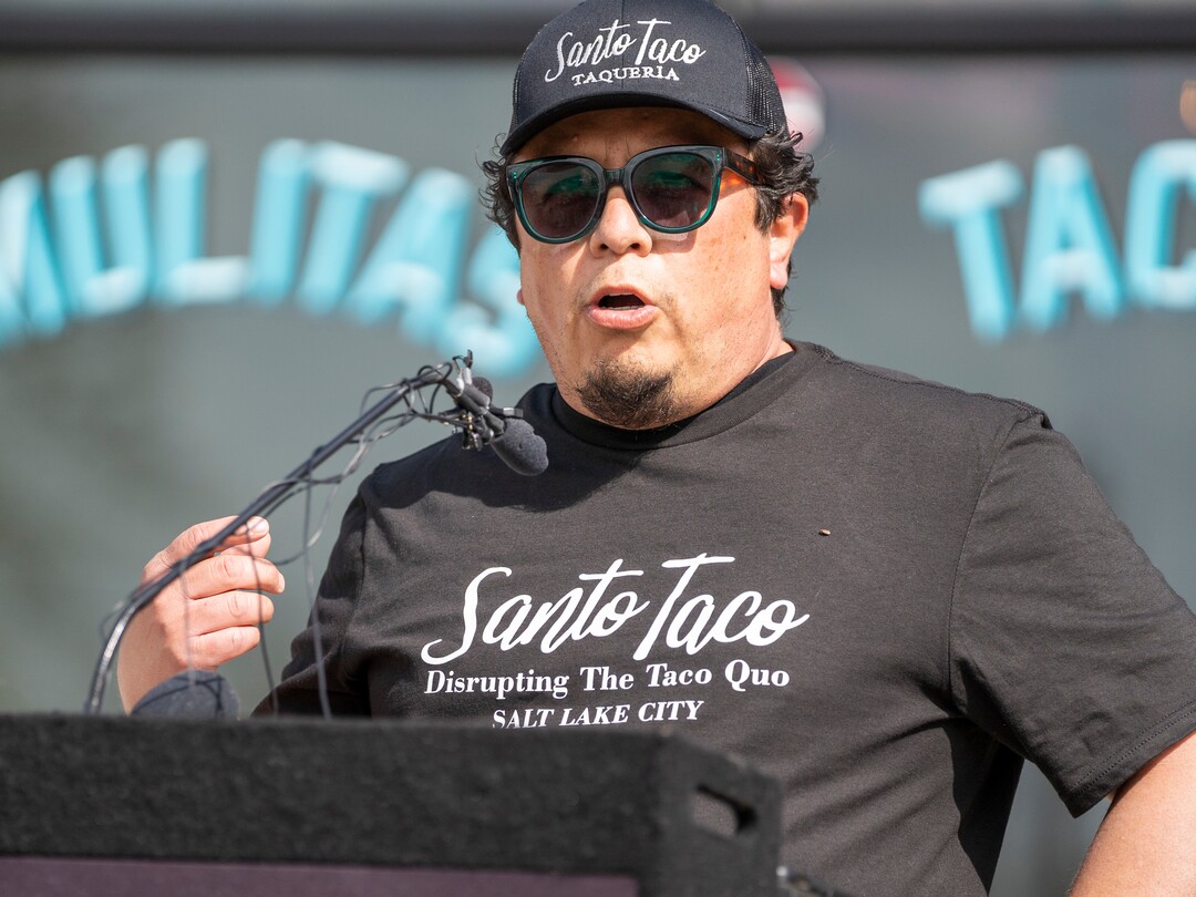(Rick Egan | The Salt Lake Tribune)  Santo Taco owner Alfonso Brito, speaks during a news conference, along with Salt Lake City Mayor Erin Mendenhall  encouraging citizens to keep wearing masks after the state mask mandate ends, during a news conference in front of Santo Taco shop, Friday, March 19, 2021.